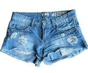 Vintage Y2K Indigo Rein Light Wash Coquette Denim Mini Distressed Shorts size 5