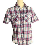 Harley-Davidson Purple Plaid Snap Button Down Collared Short Sleeve Casual Shirt