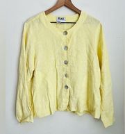 Flax women lemon yellow Linen long sleeve Mother of Pearl button blouse top S