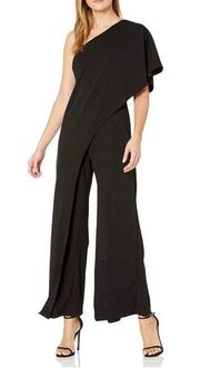 NWT Adrianna Papell Flutter One Shoulder Black Jumpsuit Wide Leg Size 14