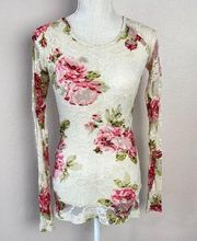 Kirra Floral Mesh Lace Long Sleeve Top Womens Size S Cream Sheer Fitted Stretch