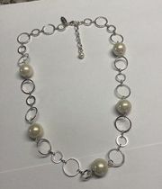 Signed Talbots Faux Pearl Silver Tone Bead Statement Costume Necklace