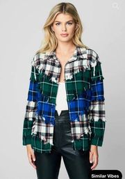 Blank NYC Women's Plaid Shacket Shirt top Fringe Button Down Size Small oversize