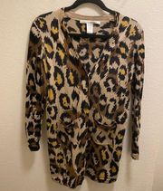 Diane Von Furstenberg Wool Cheetah Print Button Front Long Cardigan Size Small