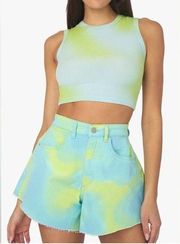 WeWoreWhat NWT Flare Bell Short Green Blue ZVI Tie Dye Stretch Twill Denim Sz 31