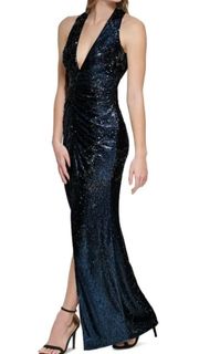 Vince Camuto Plunge Neck Ruched Sequin Long Dress Navy Blue Size 8 NWT