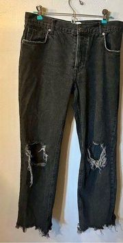 We The Free People Maggie Mid Rise Straight Leg Jeans Distressed in Washed Black