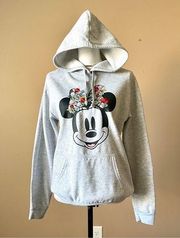 Disney  | Heather Gray Mini Mouse Embroidered Floral Graphic Print Hoodie Sz M