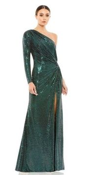 🆕Mac Duggal NWT Sequined One Sleeve Draped Gown in Bottle Green (MD-4)