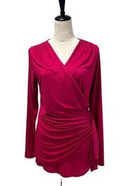 Karen Kane Wrap Blouse Womens Size L Pink Sensation Faux Front V-Neck Knit Top