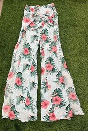 Guess Sz S White Pink Floral Wide Leg Palazzo Pants Side Slit Tropical Resort