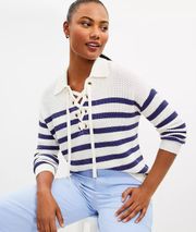 Loft White Blue Knit Striped Lace Up Polo Sweater Top