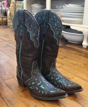 Ariat  Presidio Chocolate Brown Turquoise Leather Cowboy Boots  Size 7B