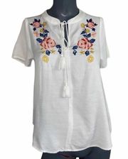 Womens Boutique  Embroidered Floral Tassel Tunic Top - Sz S