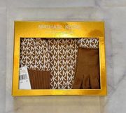 NIB   3-Piece Gift Box Set Scarf, Hat & Gloves in Dark Camel Cream