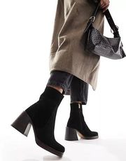 Region Black Suede Mid Heel Boots Chunky Heel Square Toe