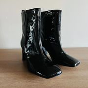 GOOD AMERICAN Square Toe Booties in Black Patent Leather Heel Boots 8.5 NWOT