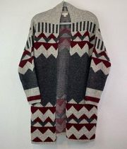 Debut Cardigan Sweater Grey Burgundy Small Southwestern Aztec Pattern Open Front