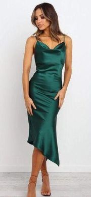 Petal & Pup Cyprus Green Satin Midi Asymmetrical Hem Dress 2