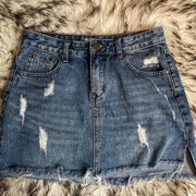 TOBI Distressed Jean Mini Skirt Side Slits Frayed Hem Size 27/4 Boho Festival