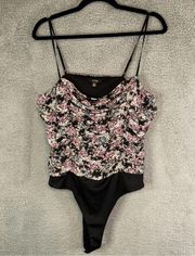 AFRM Bodysuit Women's Extra Large Noir Berry Bouquet Gianna Ruched Side Y2K Top