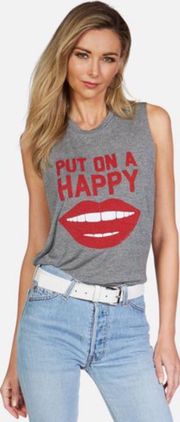 Kinzington Put On A Happy Face Gray Graphic Muscle Tank