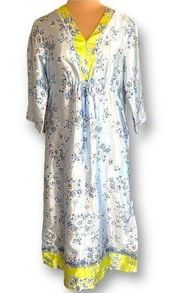 Oscar de la Renta Pink Label Housedress Robe Reflective Blue Chartreuse Floral