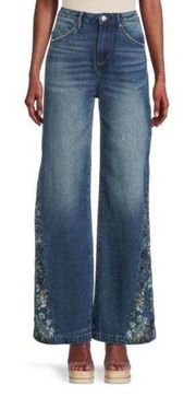 NWT Driftwood Cameron Chloe Bluebell Jeans Size 27 Wide Leg Embroidered Denim