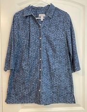 Denim & Co Floral Denim 3/4 Sleeve Button Down Shirt Medium