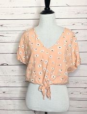 Sim & Sam Peach Floral Daisy Print Tie Front Crop Top Size Small