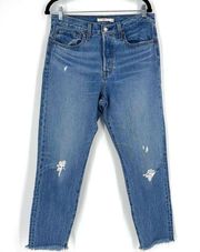 Levi's Wedgie Women's Raw Hem Tapered Ankle Jeans Blue Denim Acid Wash Size 30