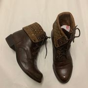 Brown Leather Lace Up Moto Combat Ankle Boots Women Size 8-9