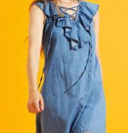 Ethereal boutique Lace Up Frill Neck Chambray denim Dress sz small
