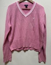 Vintage Pink  V Neck Cotton Cable Knit Sweater Size Large See Description