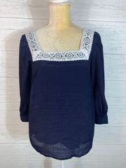 Navy Blue White Lace Blouse Top 3/4 Puff Sleeve Square Neck S