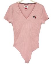 Tommy Hilfiger Tommy Jeans Womens Ribbed Knit Short Sleeve Bodysuit Size M Pink