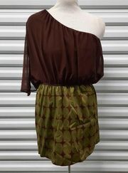 Vintage Judith March Dress Womens Large Brown Green One Shoulder Short Party