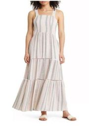 Caslon Womens Striped Square Neck Linen Blend Maxi Dress Pink Cabana Medium NWT