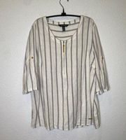 Ellen Tracy Casual Lightweight Striped Tunic Linen Top EUC Sz Lg Roll Tab Sleeve