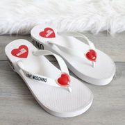 Love Moschino Eva Red Heart Logo White Platform Flip-Flop Thong Sandal