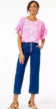 Lilly Pulitzer Aileen High Rise Jeans Pineapple Grove 25in Cropped Wide Leg Pant