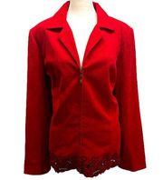 Natural  Red Faux Suede Zip Front Cut Out Flower Hem Blazer Size  XL