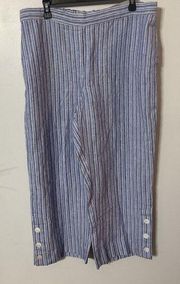 Chico's Linen Capri Pants Size 3 (16) Blue White Striped Button Accents Coastal