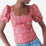 NWT J. Crew Fuchsia Puff-Sleeve Squareneck Top In Ratti® Pink Blooms Pri…