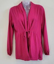 L.L. Bean Pintuck Shawl Collar Front Tie Cardigan Long Sleeve Hot Pink Small