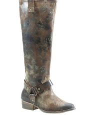 Brown Distressed Leather Flower Child Harness Riding Boots