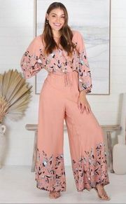 Jaase Floral Dandelion Wide Leg Jumpsuit Peach Blue Small