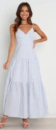 Petal & Pup Marigold Blue & White Stripe Tiered Open Back Maxi Dress 10