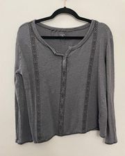 Garnet Hill 100% Organic Linen Gray Embroidered Long Sleeve Henley Medium‎