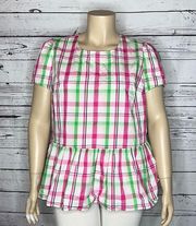 Crown & Ivy Curvy NWT Size 2X Pink & Green Plaid Tie Back Peplum Hem Shirt Top